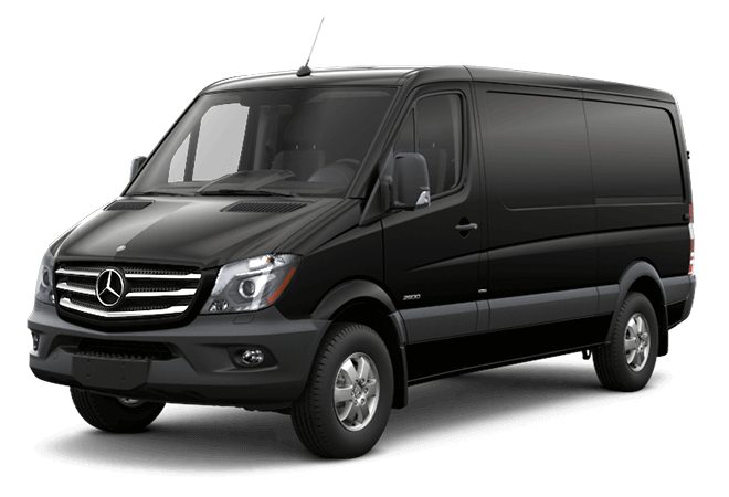 Black Mercedes-Benz Sprinter cargo van.