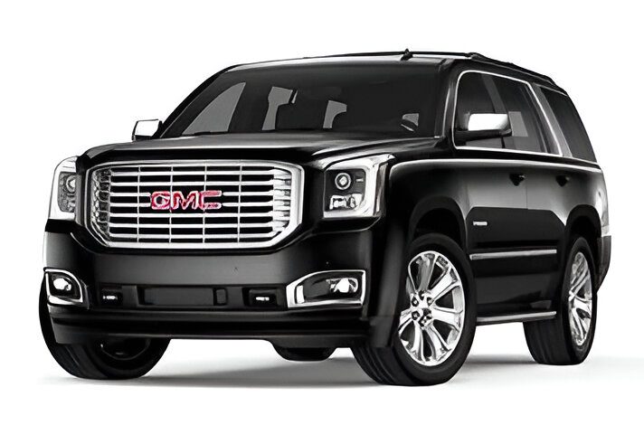 Black GMC SUV, front and side view.